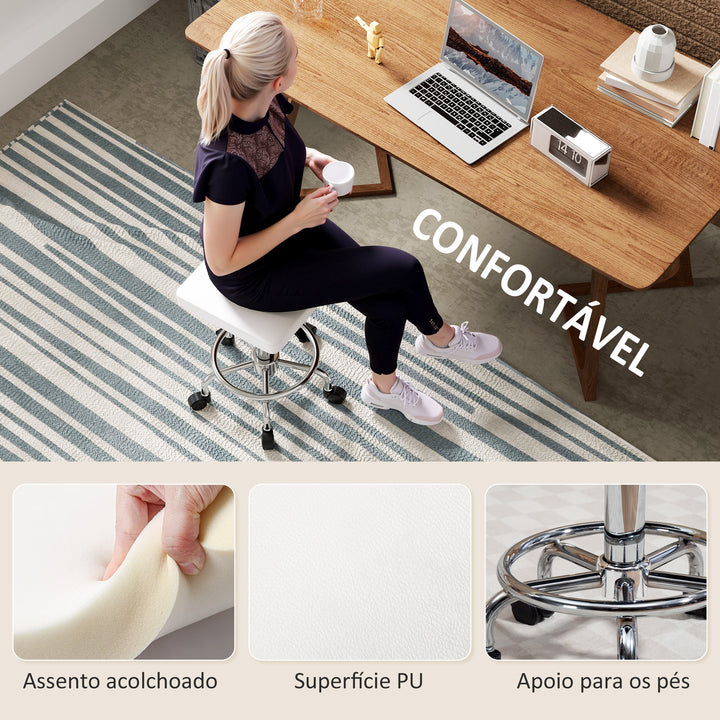 Banco Giratório Banco com Rodas Altura Regulável 50-66 cm Assento Estofado em Imitação de Couro Descanso para os Pés para Salões e Oficinas 34x34x50-66 cm Branco