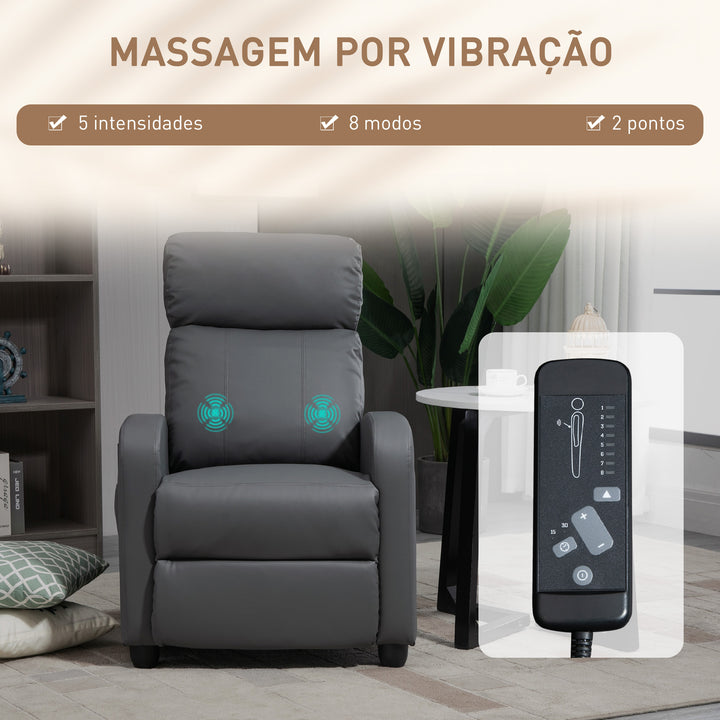 Poltrona de Massagem Poltrona Relax Reinclinável com Controle Remoto 2 Zonas de Massagem 8 Programas 5 Níveis de Intensidade Estofado em PU 68x88x98cm Cinza