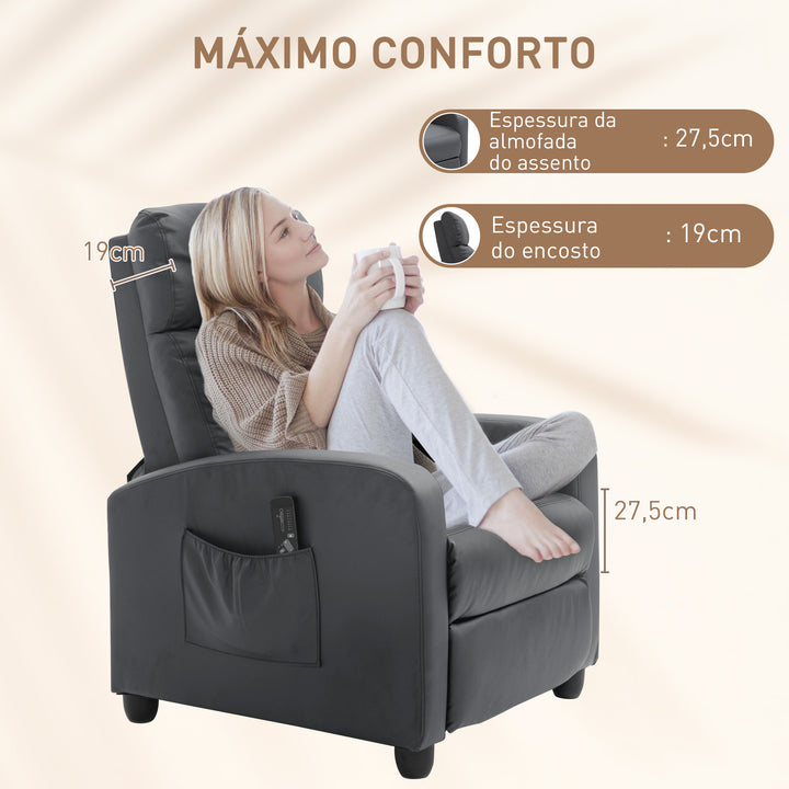 Poltrona de Massagem Poltrona Relax Reinclinável com Controle Remoto 2 Zonas de Massagem 8 Programas 5 Níveis de Intensidade Estofado em PU 68x88x98cm Cinza