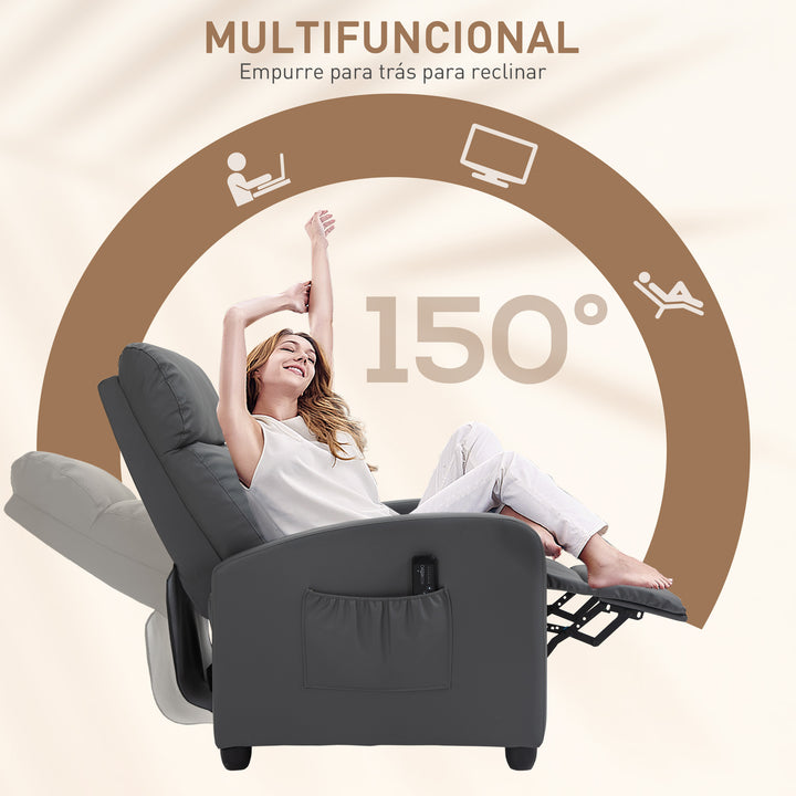 Poltrona de Massagem Poltrona Relax Reinclinável com Controle Remoto 2 Zonas de Massagem 8 Programas 5 Níveis de Intensidade Estofado em PU 68x88x98cm Cinza