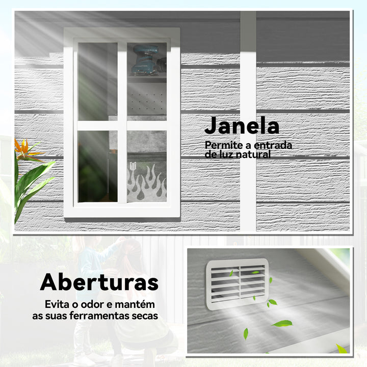 Abrigo de Jardim em Resina com Piso 182x151x219 cm Efeito Madeira Estrutura Reforçada em Alumínio Janela Ventilação Portas Duplas com Fechadura Cinzento