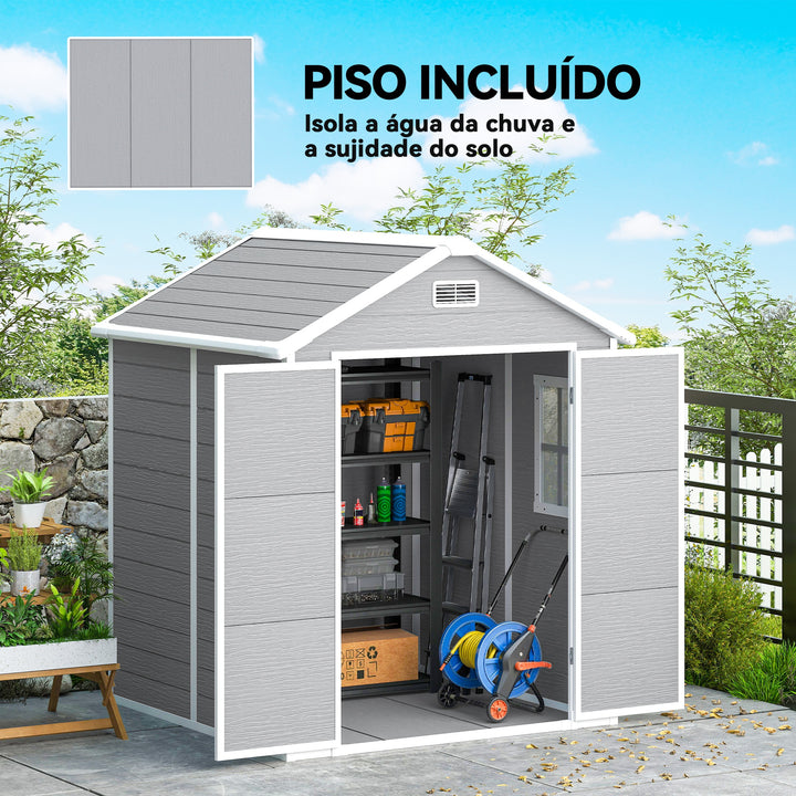 Abrigo de Jardim em Resina com Piso 182x151x219 cm Efeito Madeira Estrutura Reforçada em Alumínio Janela Ventilação Portas Duplas com Fechadura Cinzento