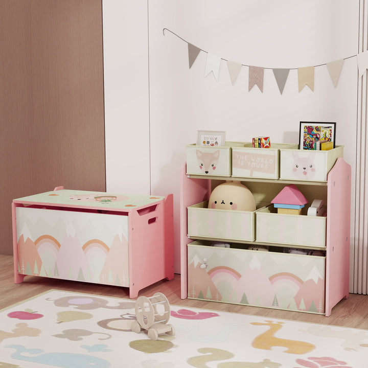 Estante para Brinquedos com 6 Caixas de Tecido não Tecido Amovíveis Organizador de Brinquedos para Crianças de 3-8 Anos para Dormitório 63x30x66 cm Rosa