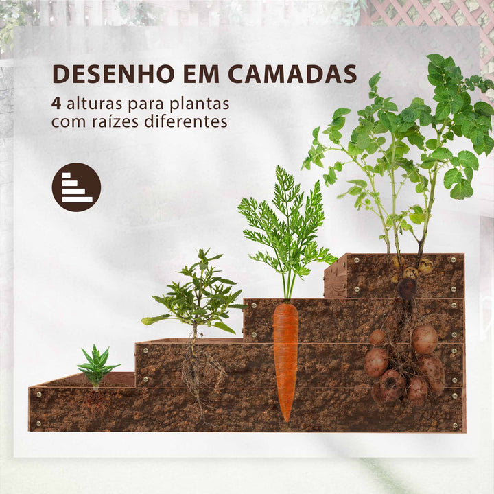 Floreira de Madeira Elevada de 4 Níveis Floreira Exterior Grande com Design em Escada Horta Urbana para Cultivos Plantas e Flores para Pátio e Varanda 113x113x46 cm Castanho Escuro