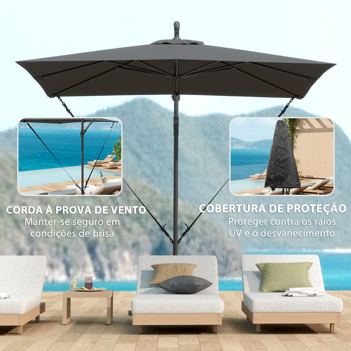 Chapéu de Sol Excêntrico 247x247 cm Chapéu de Sol de Jardim com Base Cruzada Capa Ajustável Manivela Capa Protetora e Corda de Vento Anti-UV 50+ Chapéu de Sol para Varanda Cinza Escuro