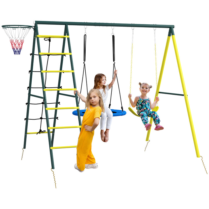 Baloiço Infantil 4 em 1 com Baloiço Ninho e Individual Rede de Escalada Cesto de Basquetebol Escada Carga 160 kg para Exterior Parque Infantil para Crianças de 3 a 8 Anos Amarelo
