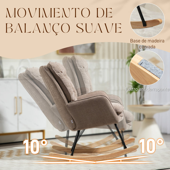 Poltrona de Baloiço Moderna Estofada em Chenilha Poltrona de Lactância com Encosto Largo Acolchoamento Espesso Pernas de Madeira Apoios de Braço 71x98,5x97 cm Castanho