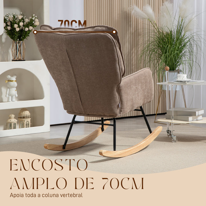 Poltrona de Baloiço Moderna Estofada em Chenilha Poltrona de Lactância com Encosto Largo Acolchoamento Espesso Pernas de Madeira Apoios de Braço 71x98,5x97 cm Castanho
