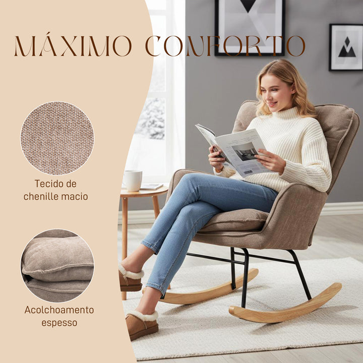 Poltrona de Baloiço Moderna Estofada em Chenilha Poltrona de Lactância com Encosto Largo Acolchoamento Espesso Pernas de Madeira Apoios de Braço 71x98,5x97 cm Castanho
