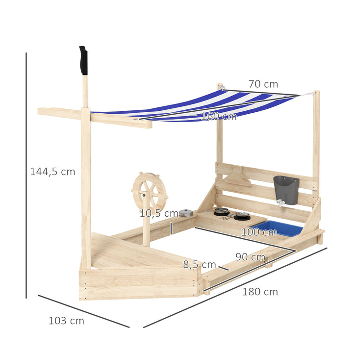 Caixa de Areia para Crianças de Madeira Caixa de Areia Infantil com Toldo Volante Brinquedos de Cozinha e Forma de Barco Pirata para Pátio Jardim 180x103x144,5 cm Natural