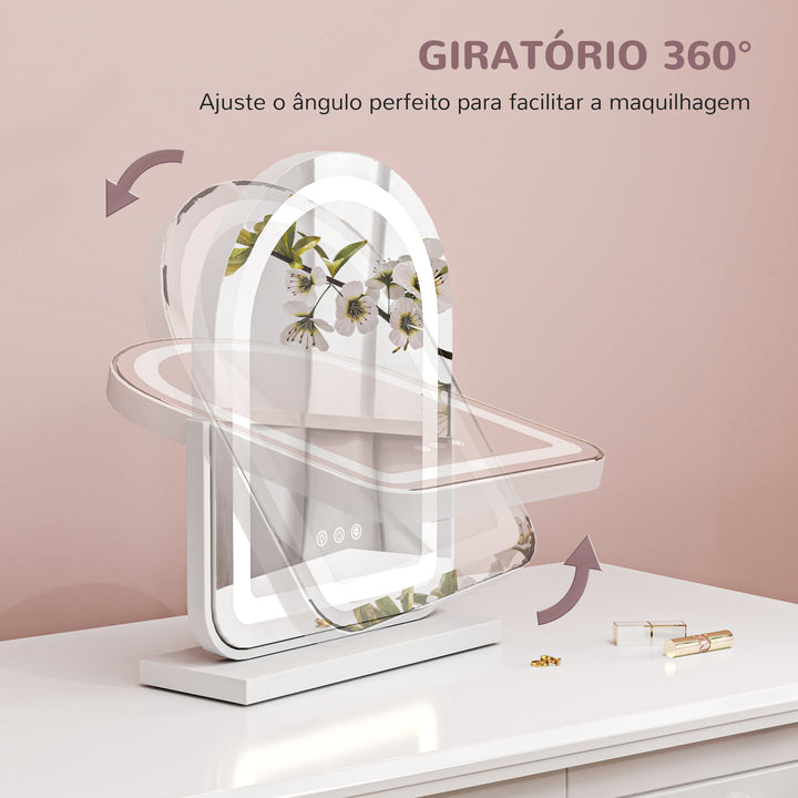 Espelho de Maquilhagem com Luz LED Espelho de Tocador Giratório com 3 Modos de Iluminação Ajustáveis Interruptor Tátil Rotação Regulável de 360° e Função de Memória 33x44,5x12 cm Branco