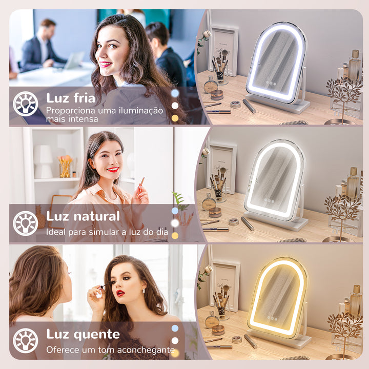 Espelho de Maquilhagem com Luz LED Espelho de Tocador Giratório com 3 Modos de Iluminação Ajustáveis Interruptor Tátil Rotação Regulável de 360° e Função de Memória 33x44,5x12 cm Branco