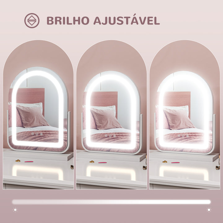 Espelho de Maquilhagem com Luz LED Espelho de Tocador Giratório com 3 Modos de Iluminação Ajustáveis Interruptor Tátil Rotação Regulável de 360° e Função de Memória 33x44,5x12 cm Branco