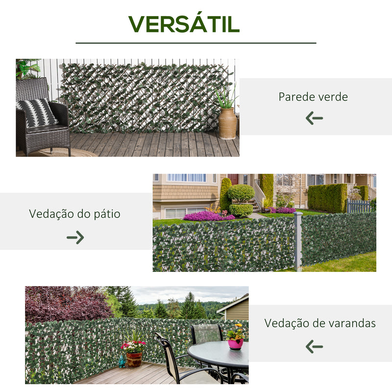 Vedação com Treliça Expansível de 2 Peças com Folhas Artificiais 295x70 cm Parede de Folhas com Vime Decorativa Vedação de Privacidade para Jardim Varanda Verde e Madeira