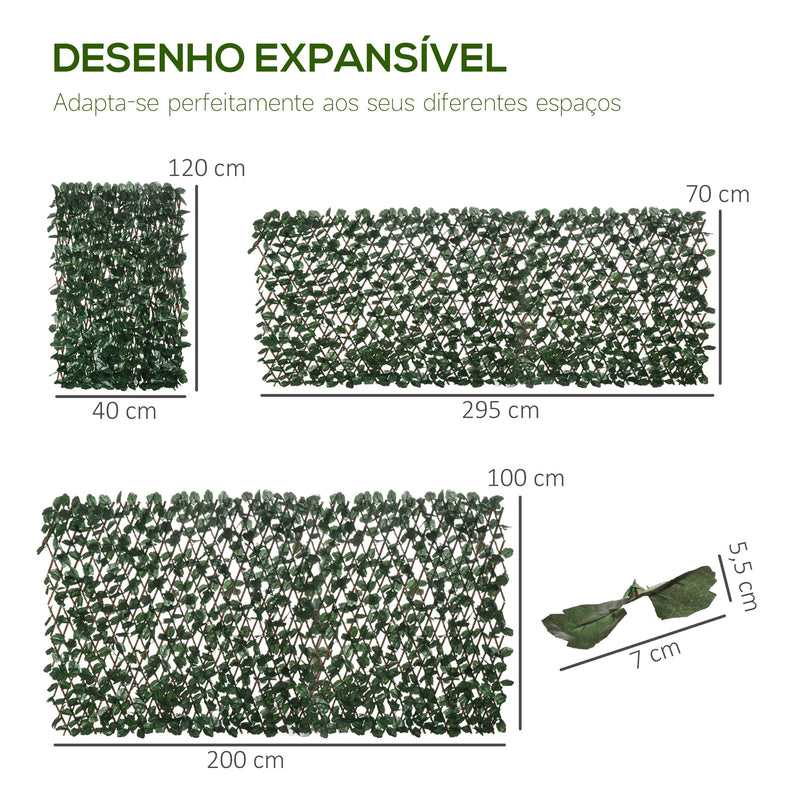 Vedação com Treliça Expansível de 2 Peças com Folhas Artificiais 295x70 cm Parede de Folhas com Vime Decorativa Vedação de Privacidade para Jardim Varanda Verde e Madeira