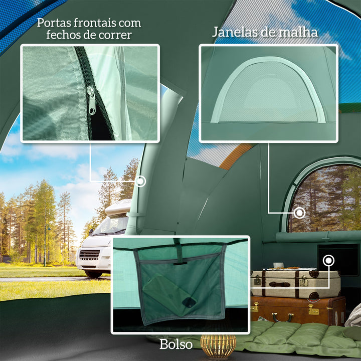 Tenda de Campismo para 5-6 Pessoas Impermeável 3000mm+ Anti UV com Bolsa de Transporte e Gancho para Luz 455x230x180cm Verde