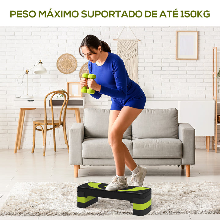 Step para Exercício Aeróbico Plataforma Step com Altura Ajustável em 3 Níveis com Carga Máxima 150kg para Exercício em Academia Casa 80x31x10-20 cm Verde e Preto