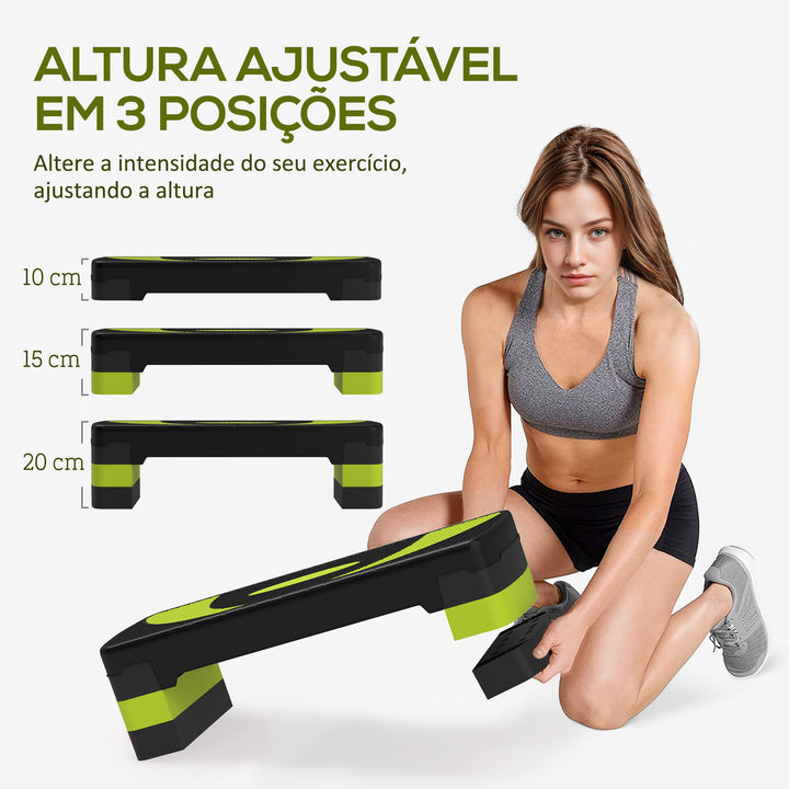 Step para Exercício Aeróbico Plataforma Step com Altura Ajustável em 3 Níveis com Carga Máxima 150kg para Exercício em Academia Casa 80x31x10-20 cm Verde e Preto