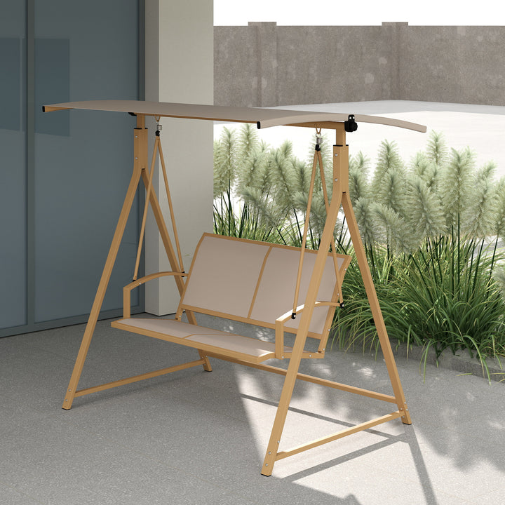 Baloiço de Jardim de 2 Lugares Baloiço de Exterior com Toldo Ajustável 90° Proteção UV 30+ e Estrutura Triangular de Metal Carga 220 kg 160x112x162 cm Caqui