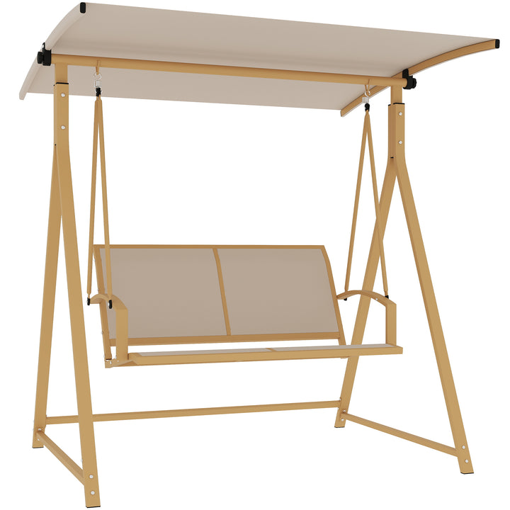 Baloiço de Jardim de 2 Lugares Baloiço de Exterior com Toldo Ajustável 90° Proteção UV 30+ e Estrutura Triangular de Metal Carga 220 kg 160x112x162 cm Caqui