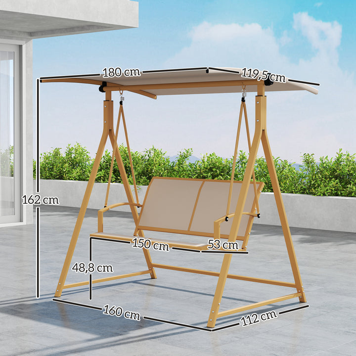 Baloiço de Jardim de 2 Lugares Baloiço de Exterior com Toldo Ajustável 90° Proteção UV 30+ e Estrutura Triangular de Metal Carga 220 kg 160x112x162 cm Caqui