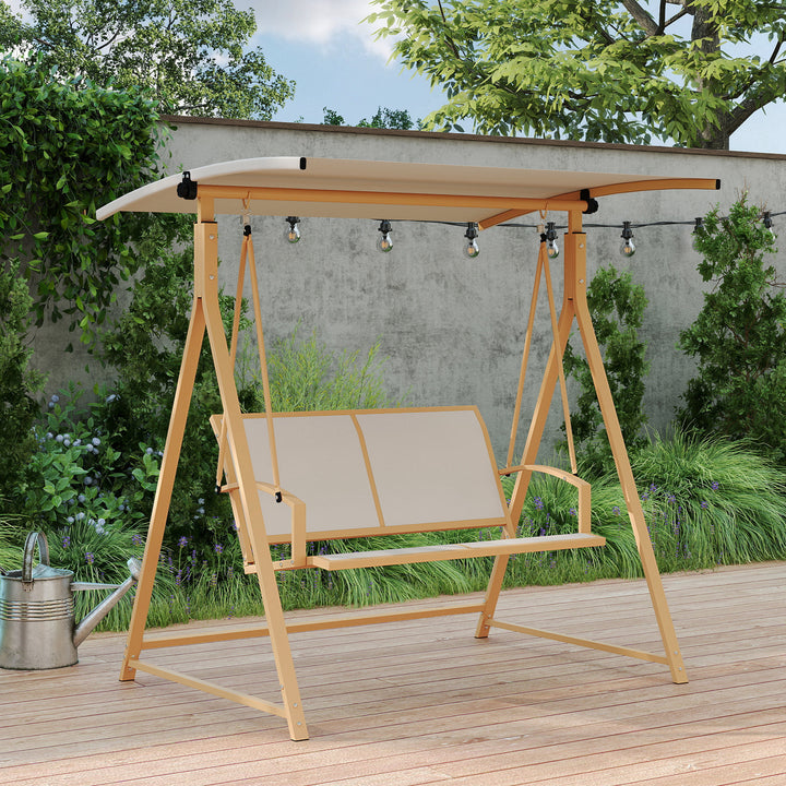 Baloiço de Jardim de 2 Lugares Baloiço de Exterior com Toldo Ajustável 90° Proteção UV 30+ e Estrutura Triangular de Metal Carga 220 kg 160x112x162 cm Caqui