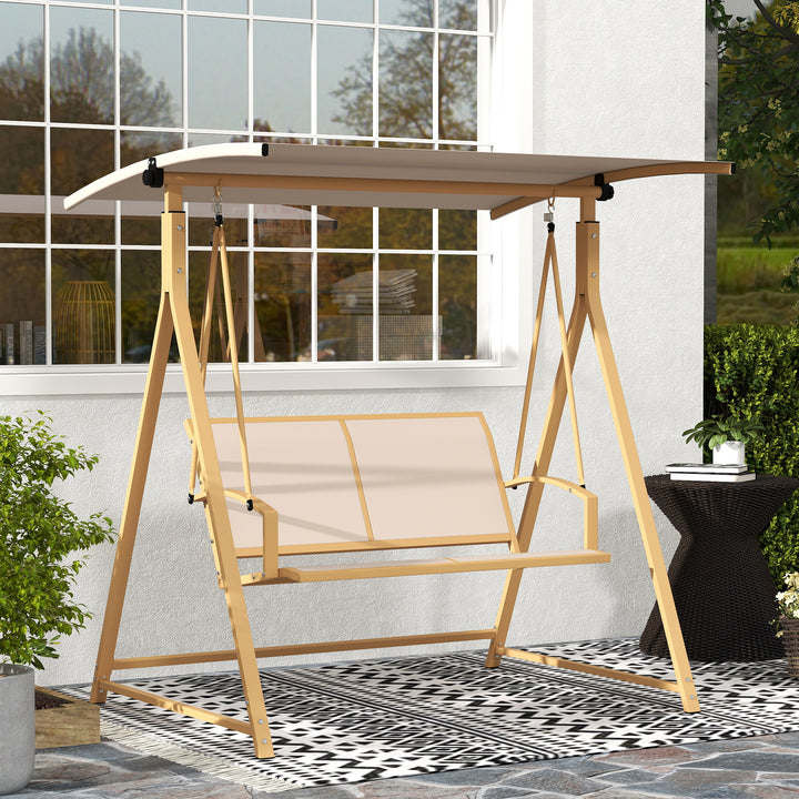 Baloiço de Jardim de 2 Lugares Baloiço de Exterior com Toldo Ajustável 90° Proteção UV 30+ e Estrutura Triangular de Metal Carga 220 kg 160x112x162 cm Caqui