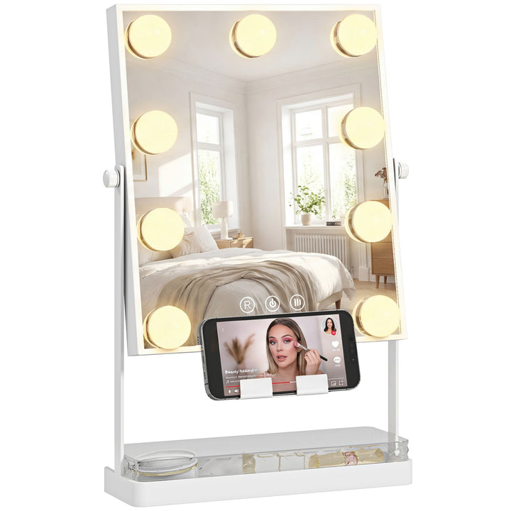 Espelho de Maquilhagem com Luz Espelho de Tocador Giratório com 9 Lâmpadas LED 3 Cores Interruptor Tátil Suporte para Telemóvel e Bandeja Branco