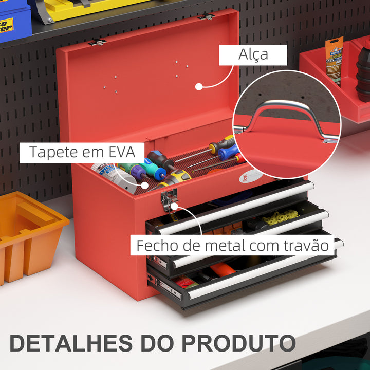 Caixa de Ferramentas de Aço Baú de Ferramentas Portátil com 2 Gavetas e 1 Caixa Superior e Alça para Oficina Garagem Casa 45x24x27 cm Vermelho