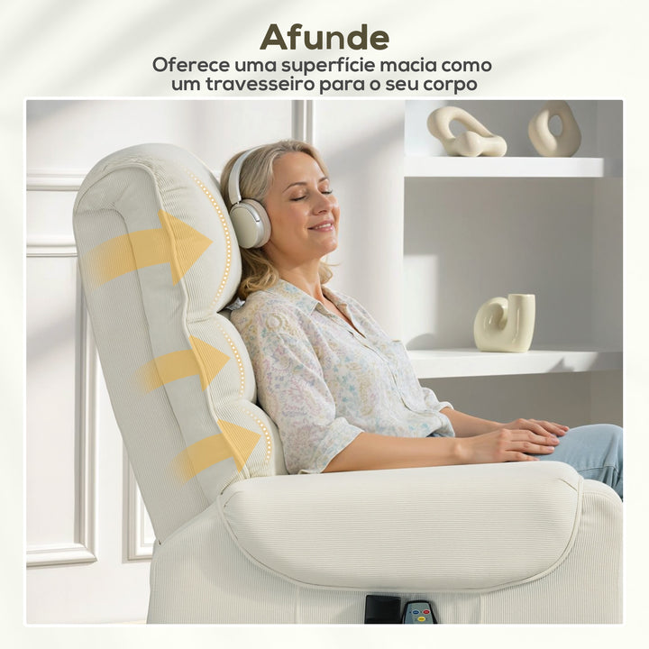 Poltrona de Massagem Relax Poltrona Levanta Pessoas com Reclinação Elétrica em até 135° com Controle Remoto e 8 Zonas de Massagem Estofado em Veludo Cotelê e Acolchoada 83x92x110 cm Bege