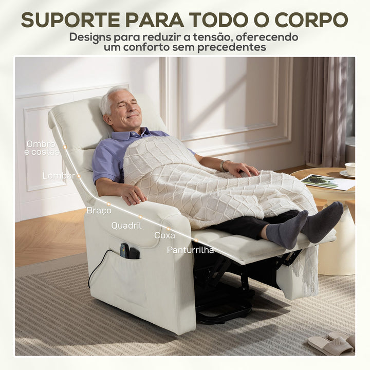 Poltrona de Massagem Relax Poltrona Levanta Pessoas com Reclinação Elétrica em até 135° com Controle Remoto e 8 Zonas de Massagem Estofado em Veludo Cotelê e Acolchoada 83x92x110 cm Bege