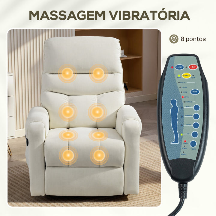 Poltrona de Massagem Relax Poltrona Levanta Pessoas com Reclinação Elétrica em até 135° com Controle Remoto e 8 Zonas de Massagem Estofado em Veludo Cotelê e Acolchoada 83x92x110 cm Bege