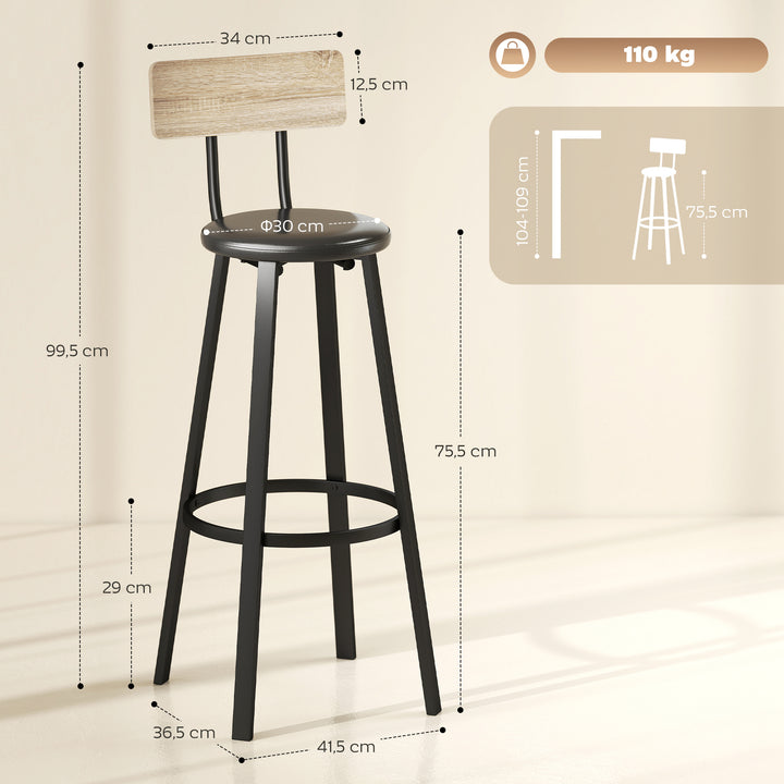 Conjunto de 2 Bancos de Bar Bancos Altos de Cozinha com Encosto e Apoio para Pés Estofados em PU Assento com 75,5 cm de Altura Fácil Montagem Estilo Industrial 41,5x36,5x99,5 cm Madeira e Preto