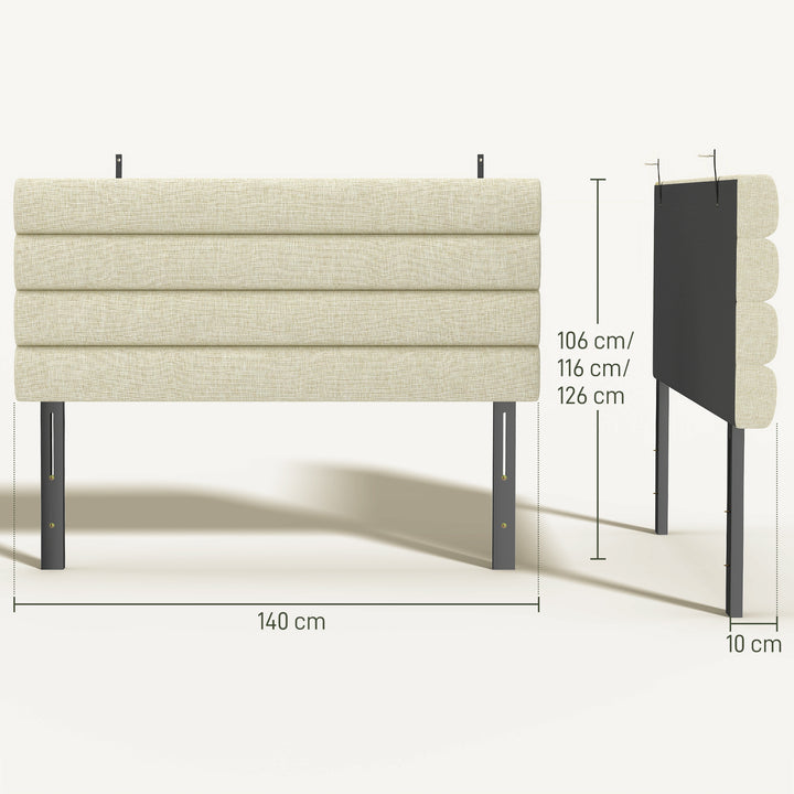Cabeceira de Cama 140 cm Altura Ajustável em 3 Níveis 106/116/126 cm Cabeceira Estofada em Linho Acolchoamento Linear com Pernas de Aço Montada na Parede para Quarto Bege