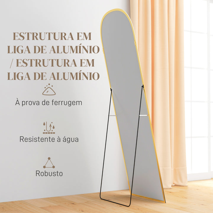 Espelho de Pé Espelho de Corpo Inteiro 50x170 cm Espelho de Parede com Estrutura de Liga de Alumínio e Suporte para Sala Quarto Banheiro Dourado
