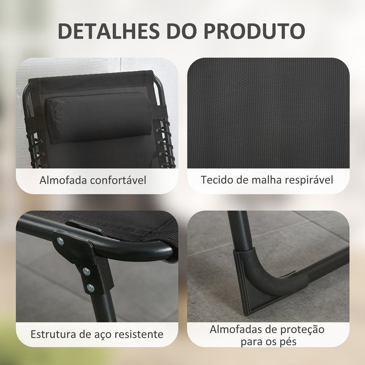 Espreguiçadeira Dobrável Reclinável em 5 Posições para Jardim com Apoio de Cabeça Almofadado Bolso Lateral e Estrutura em Aço para Terraço e Piscina 189x58x30 cm Preto