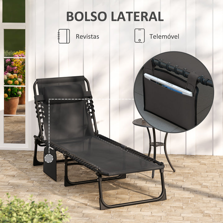 Espreguiçadeira Dobrável Reclinável em 5 Posições para Jardim com Apoio de Cabeça Almofadado Bolso Lateral e Estrutura em Aço para Terraço e Piscina 189x58x30 cm Preto