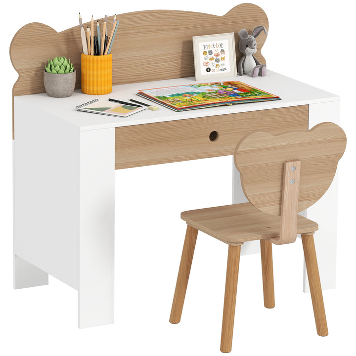 Secretária para Crianças com Cadeira em Forma de Ursinho Secretária Infantil com Gaveta para Estudar Ler e Desenhar Mesa para Crianças para Dormitório Branco e Madeira
