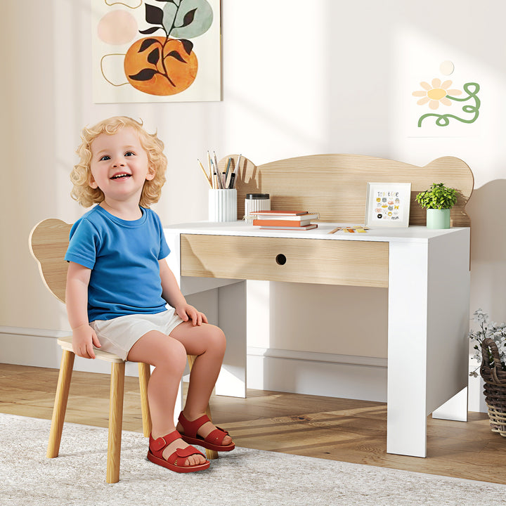Secretária para Crianças com Cadeira em Forma de Ursinho Secretária Infantil com Gaveta para Estudar Ler e Desenhar Mesa para Crianças para Dormitório Branco e Madeira