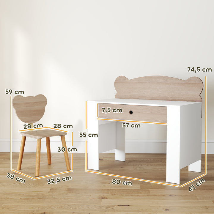 Secretária para Crianças com Cadeira em Forma de Ursinho Secretária Infantil com Gaveta para Estudar Ler e Desenhar Mesa para Crianças para Dormitório Branco e Madeira