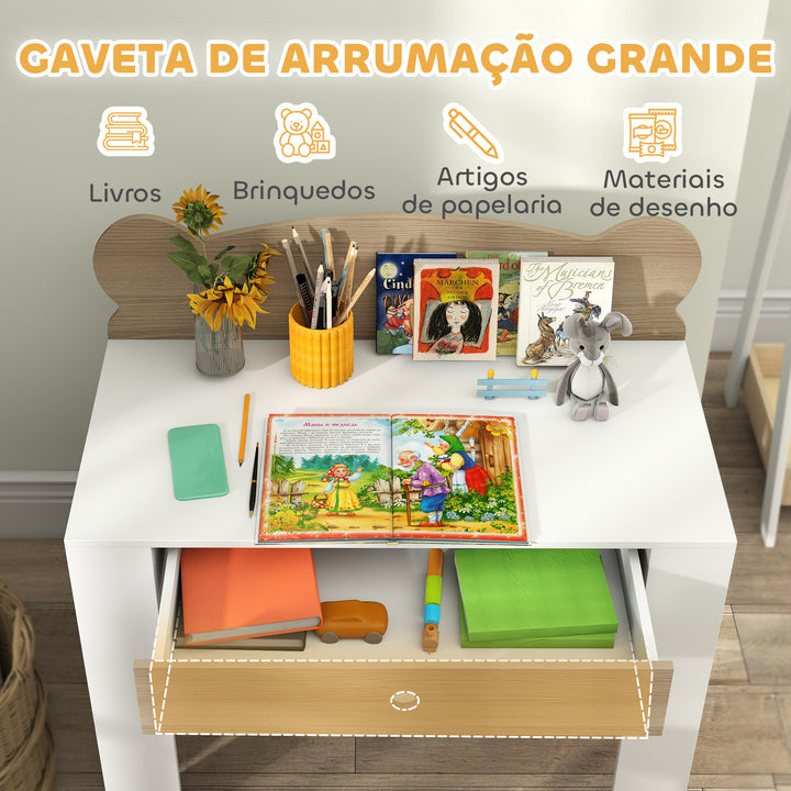 Secretária para Crianças com Cadeira em Forma de Ursinho Secretária Infantil com Gaveta para Estudar Ler e Desenhar Mesa para Crianças para Dormitório Branco e Madeira