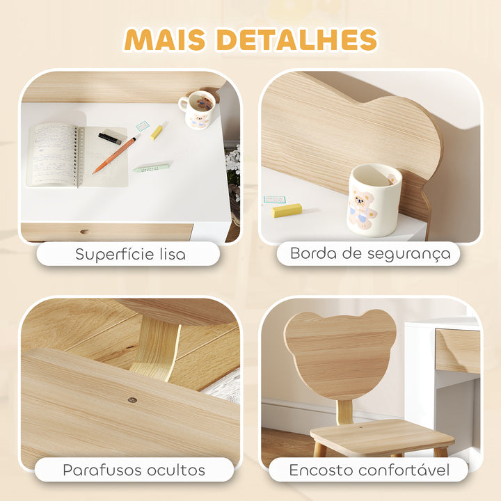 Secretária para Crianças com Cadeira em Forma de Ursinho Secretária Infantil com Gaveta para Estudar Ler e Desenhar Mesa para Crianças para Dormitório Branco e Madeira