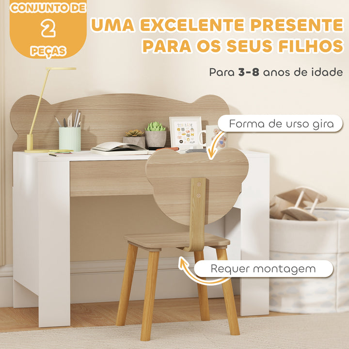 Secretária para Crianças com Cadeira em Forma de Ursinho Secretária Infantil com Gaveta para Estudar Ler e Desenhar Mesa para Crianças para Dormitório Branco e Madeira