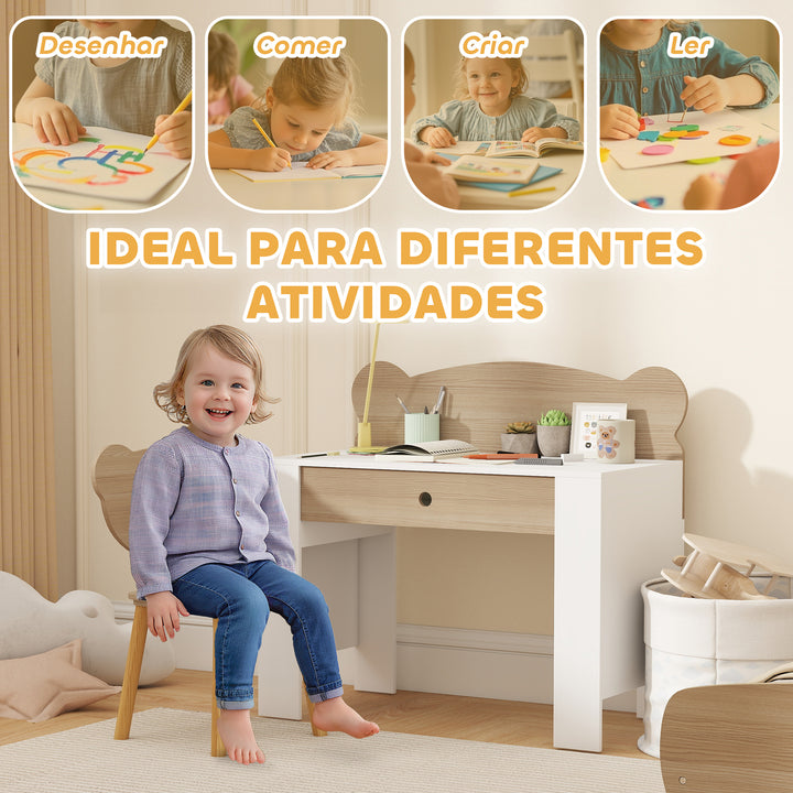 Secretária para Crianças com Cadeira em Forma de Ursinho Secretária Infantil com Gaveta para Estudar Ler e Desenhar Mesa para Crianças para Dormitório Branco e Madeira