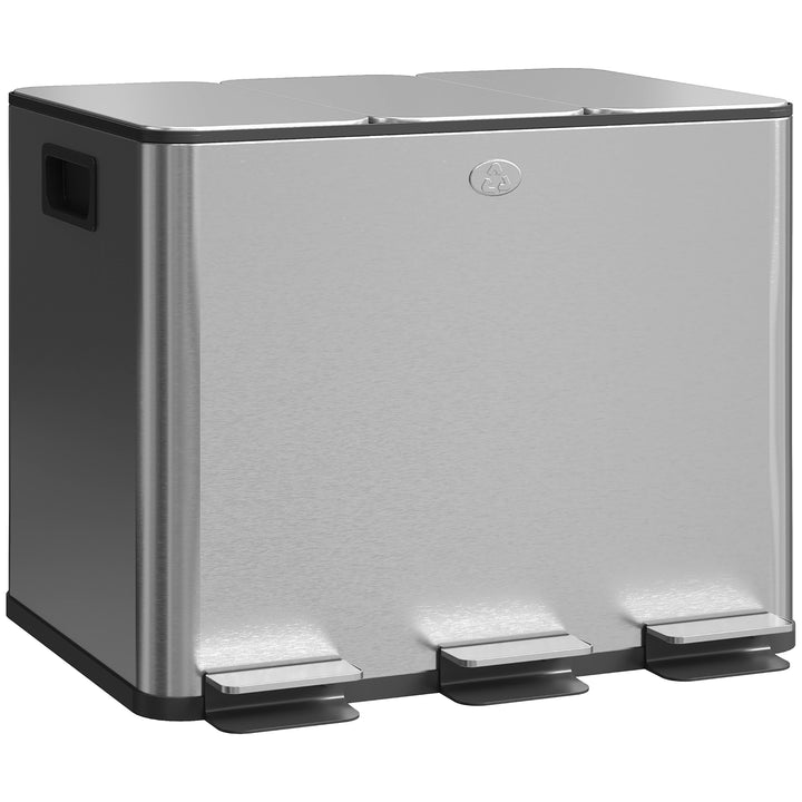 Balde de Lixo de Cozinha com 3 Compartimentos 3x10L Cubo de Lixo de Aço Inoxidável com Pedais Tampas com Fechamento Suave e Cubo Amovível para Escritório Cozinha 49,6x34,5x38,6 cm Prata