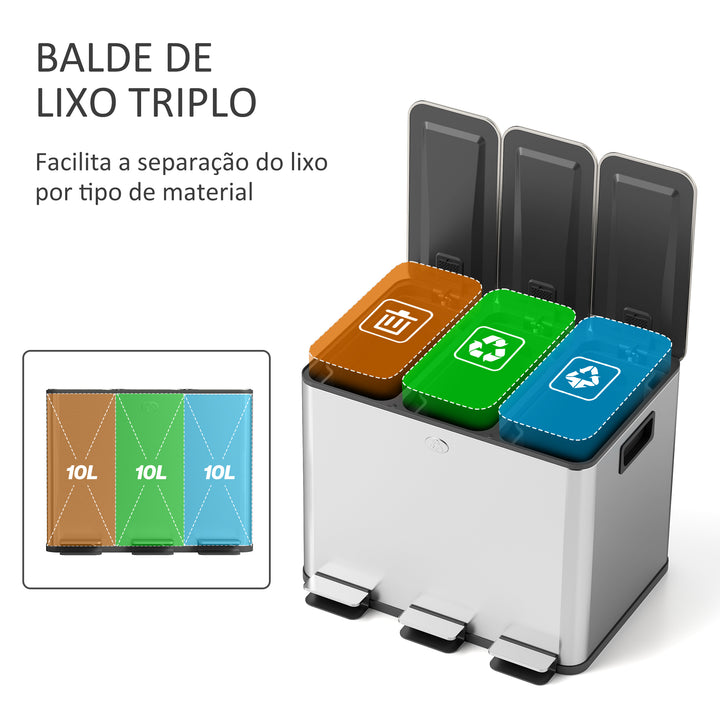 Balde de Lixo de Cozinha com 3 Compartimentos 3x10L Cubo de Lixo de Aço Inoxidável com Pedais Tampas com Fechamento Suave e Cubo Amovível para Escritório Cozinha 49,6x34,5x38,6 cm Prata