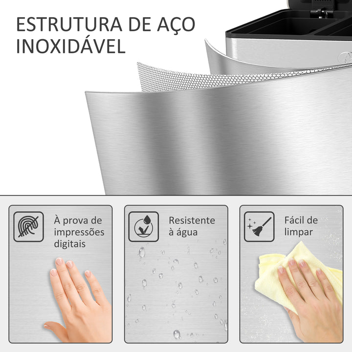 Balde de Lixo de Cozinha com 3 Compartimentos 3x10L Cubo de Lixo de Aço Inoxidável com Pedais Tampas com Fechamento Suave e Cubo Amovível para Escritório Cozinha 49,6x34,5x38,6 cm Prata