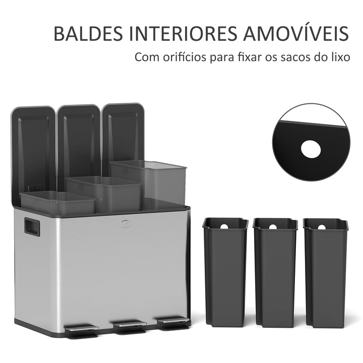 Balde de Lixo de Cozinha com 3 Compartimentos 3x10L Cubo de Lixo de Aço Inoxidável com Pedais Tampas com Fechamento Suave e Cubo Amovível para Escritório Cozinha 49,6x34,5x38,6 cm Prata