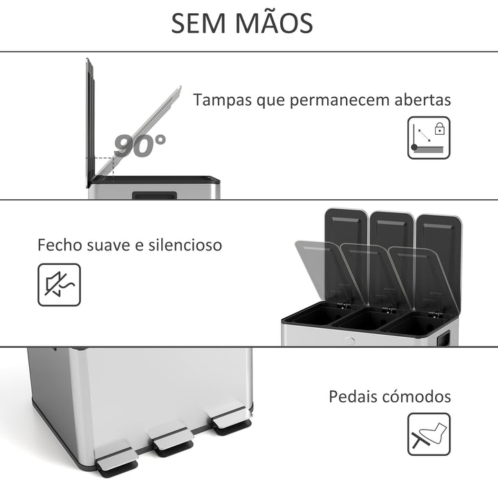 Balde de Lixo de Cozinha com 3 Compartimentos 3x10L Cubo de Lixo de Aço Inoxidável com Pedais Tampas com Fechamento Suave e Cubo Amovível para Escritório Cozinha 49,6x34,5x38,6 cm Prata