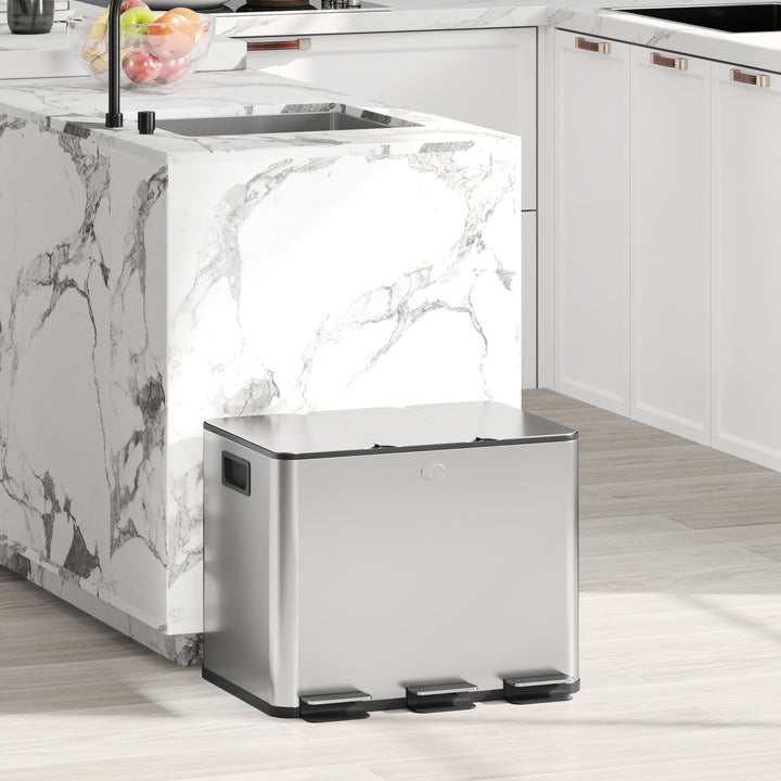 Balde de Lixo de Cozinha com 3 Compartimentos 3x10L Cubo de Lixo de Aço Inoxidável com Pedais Tampas com Fechamento Suave e Cubo Amovível para Escritório Cozinha 49,6x34,5x38,6 cm Prata